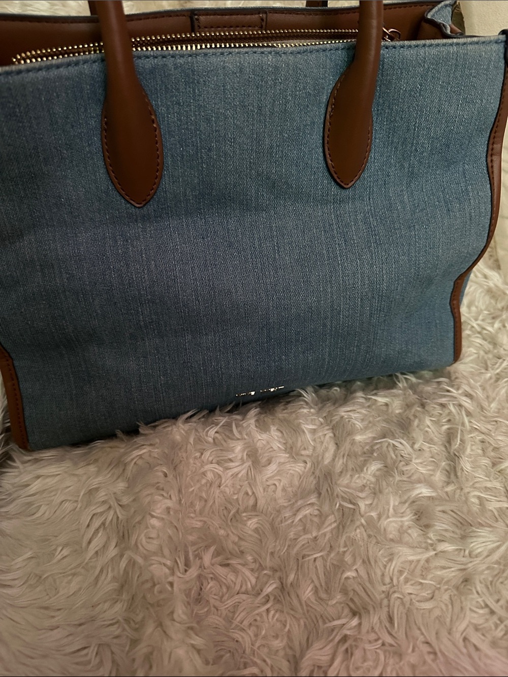 Anne Klein Blue Denim Tote with Brown Leather Trim